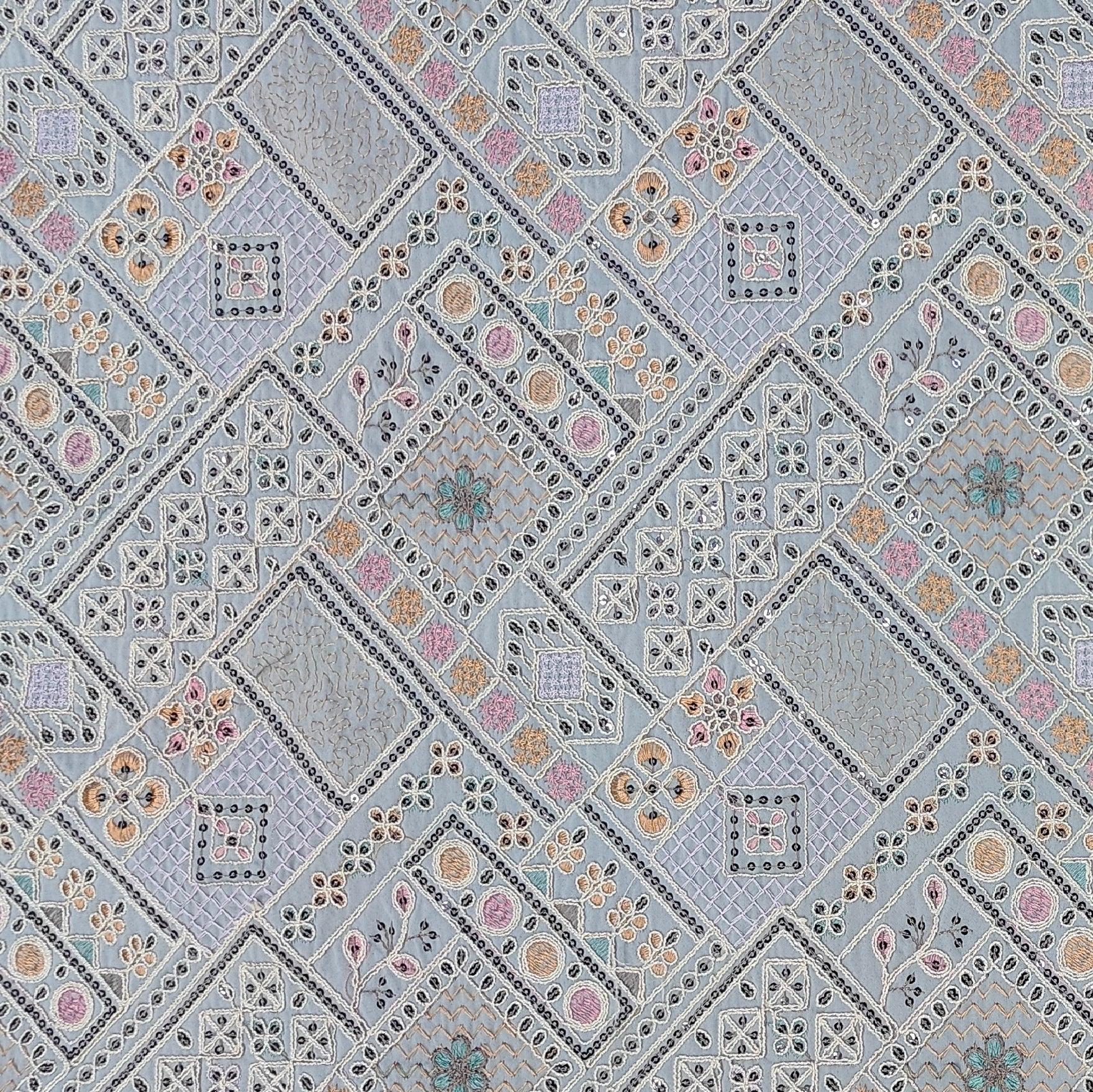 Kurta Fabric ManTire Designer Silk Patchwork Tile Embroidery Colour Slate Grey, Pastel Pink, Mint Green N Cream-White